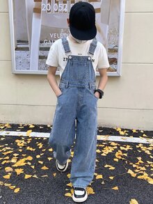 SHEIN 青少年男孩時尚休閒 Y2K 冬季藍色抓絨內裡寬鬆露背牛仔褲，黑色上學款 - 藍色 - 查看 3