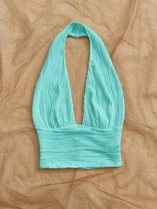 Soleia Women's Solid Color Textured Deep V-Neck Sexy Halter Tank Top - Mint Green - View 6