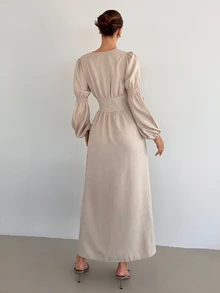 Siren Gaze Solid Color Elegant V-Neck Shirt Dress With Silk Button Details, Cream Color, Autumn - Apricot - View 3