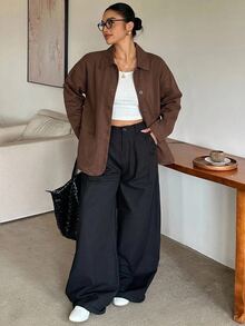 Dazy Plus Lapel Loose Long Sleeve Open Front Denim Jacket, Urban Casual Washed Denim Loose Jacket, Plus Size Autumn New Arrival - Brown - View 4