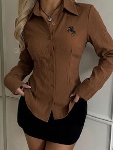 SHEIN EZwear 女款新款刺繡裝飾棕色修身長袖襯衫 - 棕色 - 查看 5