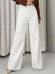 DAZY Women's Solid Color Button Pocket Frayed Hem Wide Leg Jeans - White - View 6