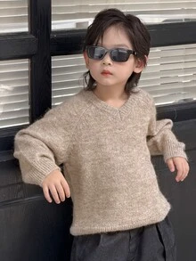 Dazy Kids Boys (Small) V-Neck Long Sleeve Casual Loose Thick Inner Layer Sweater, Autumn/Winter - Apricot - View 1