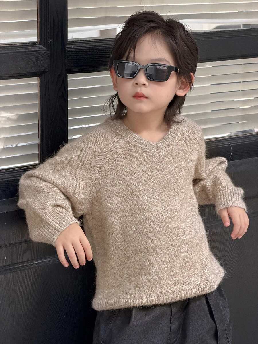 Dazy Kids Boys (Small) V-Neck Long Sleeve Casual Loose Thick Inner Layer Sweater, Autumn/Winter - Apricot - View 1