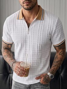 Manfinity CasualCool 男士夏季休閒拼接色短袖 Polo 衫 - 白色 - 查看 6