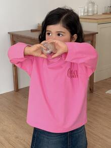 DAZY Young Girl Heart Print Rose Red Long Sleeve T-Shirt Fall - Hot Pink - View 2