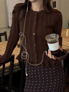 DAZY Women's Round Neck Frill Trim Casual Brown Sweater Fall - Brown - View 1