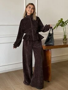 DAZY Setelan 2 Potong Elegan untuk Wanita: Jaket Korduroi yang Mengencangkan Pinggang dan Celana Panjang Lurus untuk Musim Gugur - Burgundy - View 6