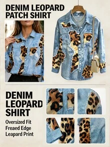 Franclia Women's Leopard Print Patchwork Denim Effect Print Shirt - Multicolor - View 8