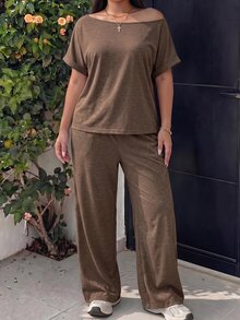 GalTyme 大尺碼女款純色不對稱肩上衣與長褲休閒日常兩件套 - 巧克力棕 - 查看 5