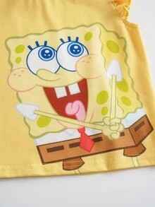 SpongeBob SquarePants | SHEIN Young Girl Cartoon Print T-Shirt And Shorts Set - Yellow - View 5