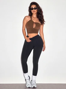 Sirith Solid Color One Shoulder Hollow Out Cropped Sports Tank Top - Coffee Brown - View 7