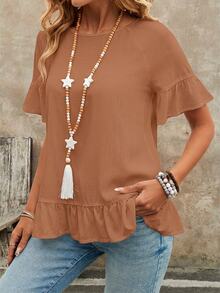 EMERY ROSE Plus Size Solid Ruffle Trim Round Neck Short Sleeve Loose Blouse Spring Summer 2026 - Rust Brown - View 4
