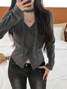 DAZY Women's Autumn/Winter Casual Cross Wrap T-Shirt - Grey - View 3