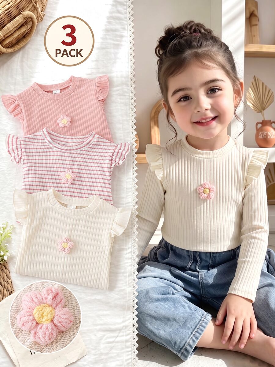 Toddler Girls Polyester Round Neck Long Sleeve Striped Embroidery Ruffle Regular Regular Fit Princess T-Shirt Back To School Fall Multicolor - Multicolor - View 1