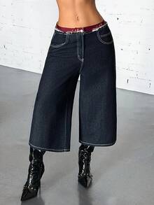 Jeanoix Women's Low Waist Cropped Wide Leg Denim Jeans - Blue - View 3