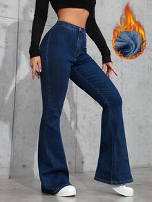 SHEIN ICON 女款鈕扣休閒百搭日常穿著喇叭牛仔褲 - 深色水洗藍 - 查看 4