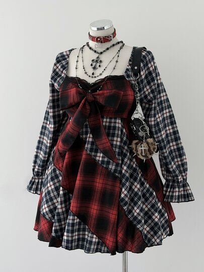 Sunspun Plus Size Fashion Hot Girl Casual Vintage Cinched Waist Square Neck Long Sleeve Bow Asymmetrical Plaid Dress Fall