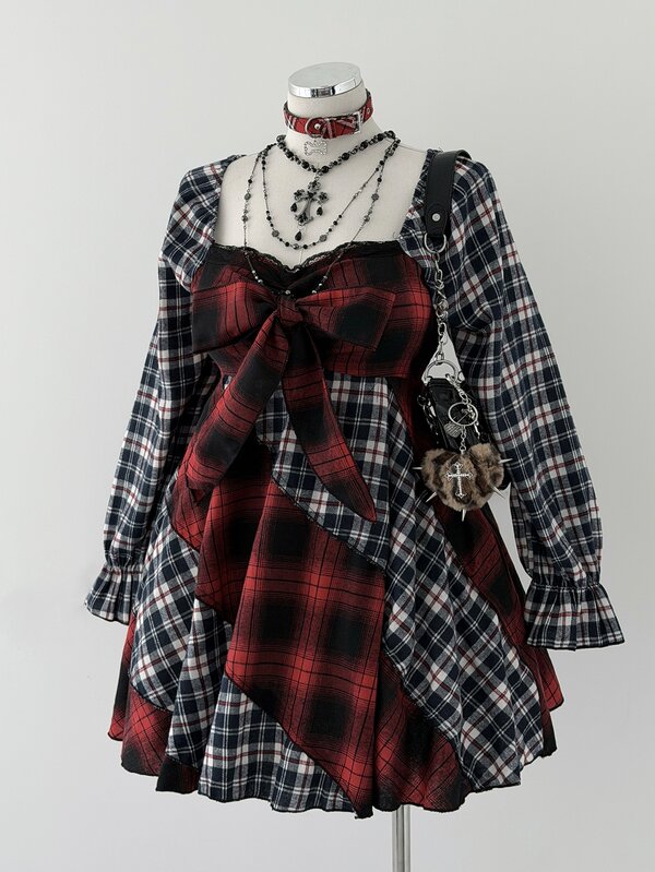 Sunspun Plus Size Fashion Hot Girl Casual Vintage Cinched Waist Square Neck Long Sleeve Bow Asymmetrical Plaid Dress Fall