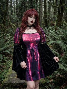 Whyspr Gaun Ukuran Besar Musim Gugur/Dingin Gaya Punk Halloween Beludru Patchwork Warna Blok Lengan Lonceng - MultiWarna - View 4