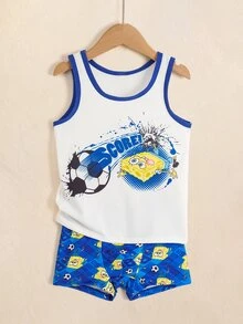 SpongeBob SquarePants | SHEIN Young Boy Letter Cartoon Print Tank Top And Hipster Underwear Set - Blue and White - View 3