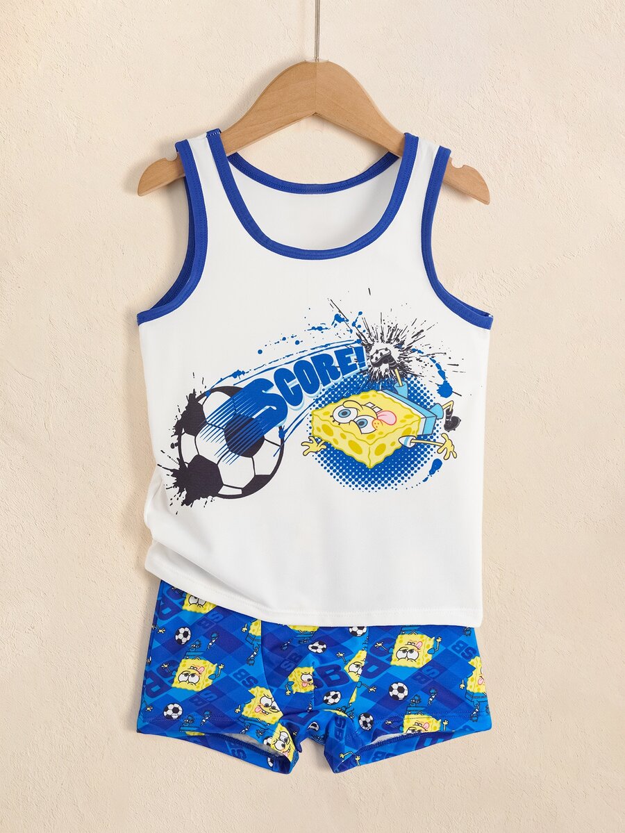 SpongeBob SquarePants | SHEIN Young Boy Letter Cartoon Print Tank Top And Hipster Underwear Set - Blue and White - View 1