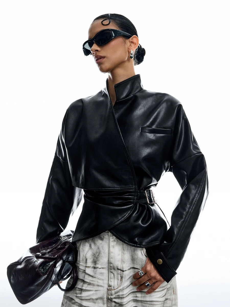 LYSMO Women's Autumn/Winter New Solid Color PU Leather Long Sleeve Pleated Fashion Jacket - Black - View 1