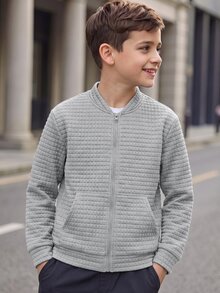 SHEIN 兒童青少年男孩休閒百搭紋理小格淺灰色棒球夾克外套，適合通勤、上學、日常休閒外出、運動，秋冬穿著 - 淺灰色 - 查看 3
