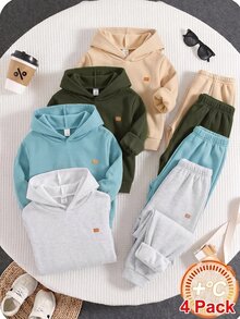 SHEIN 兒童 4件組小男孩休閒可愛百搭簡約印花素色慢跑褲鬆緊腰運動長褲多件裝 - 彩色 - 查看 4
