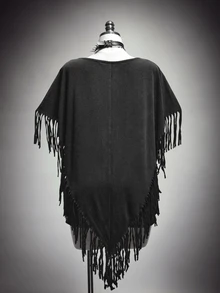 SHEIN ICON Plus Size Y2K Vintage Distressed Skull Print Fringe Cape Top Halloween - Black - View 2