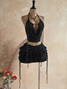 Soleia 女款春夏浪漫熱帶度假兩件套：垂領鉤編背心上衣、鋼珠流蘇多層荷葉邊裙，黑色 - 黑色 - 查看 9