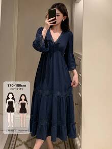 Dazy Tall Women's V-Neck Waist-Cinching Long Casual Dress Vacation - Navy Blue - View 1