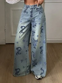 DAZY Women's Floral Print Straight Leg Street Casual Denim Jeans Summer Everyday Blue Floral - Light Wash - View 3