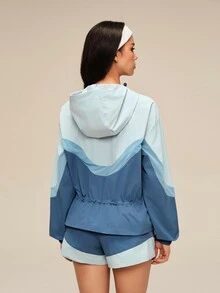 OutZeal Women Sports Jacket Gym Workout Water-Resistant Mesh Panel Ruffled Hem Hooded Jacket - Blue - View 7