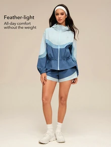 OutZeal Women Sports Jacket Gym Workout Water-Resistant Mesh Panel Ruffled Hem Hooded Jacket - Blue - View 2
