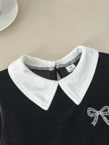SHEIN 1pc Young Girl Velvet Fabric Black Contrast White Bow Embroidery Fashion Elegant Korean Style Sweet Vintage Long Sleeve Collared Dress, Suitable For Spring And Autumn Daily Wear, Shopping, Parties, Travel And Vacation Occasions - Black - View 5