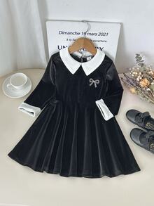 SHEIN 1pc Young Girl Velvet Fabric Black Contrast White Bow Embroidery Fashion Elegant Korean Style Sweet Vintage Long Sleeve Collared Dress, Suitable For Spring And Autumn Daily Wear, Shopping, Parties, Travel And Vacation Occasions - Black - View 1