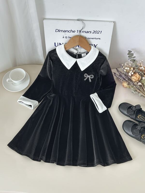 SHEIN 1pc Young Girl Velvet Fabric Black Contrast White Bow Embroidery Fashion Elegant Korean Style Sweet Vintage Long Sleeve Collared Dress, Suitable For Spring And Autumn Daily Wear, Shopping, Parties, Travel And Vacation Occasions