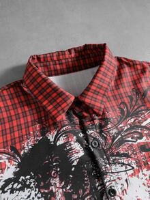 ROMWE MEN Men's Plaid Patchwork Casual Daily Wear Shirt - Burgundy - View 2