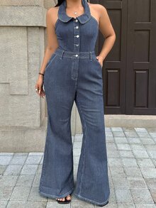 Rivivi Plus Size Women's Stretch Denim Striped Jumpsuit, High-Intellect Striped Design Jumpsuit, Cowboy Outfits For Women - Blue - View 8