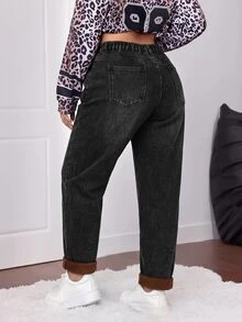 Firerie Plus-Size Women's Dark Grey Washed Straight-Leg Jeans Featuring A High-Waisted, Loose Fit, Cuffed Hems, And A Warm Fleece Lining. - Black - View 6