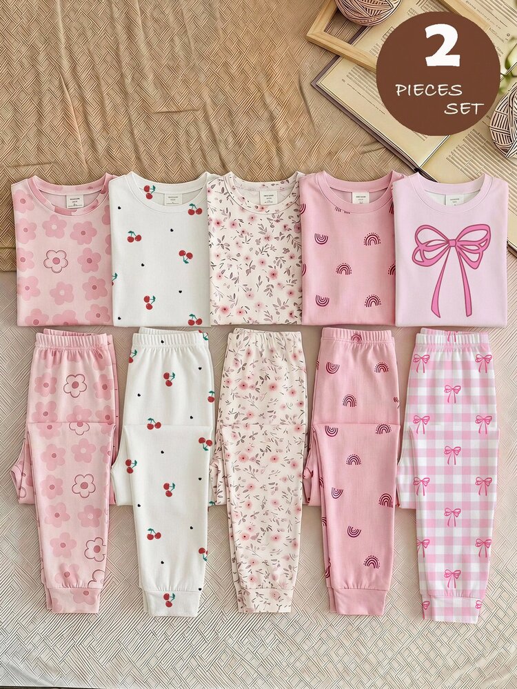 Ropa de estar por casa casual minimalista de manga corta y pantalones largos para niña preadolescente, adecuada para primavera/verano, ajuste ceñido - Multicolor - Añade 1