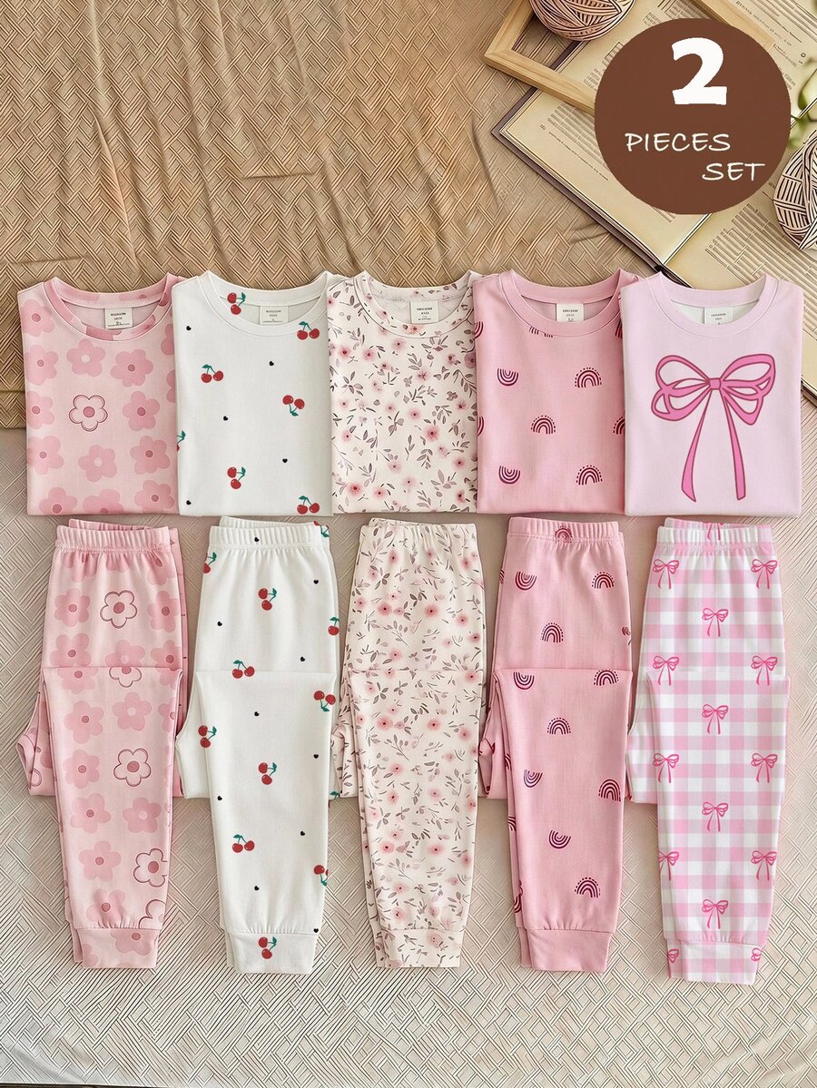 青少年女孩休閒簡約短袖長褲家居服，適合春夏，貼身剪裁 - 彩色 - 查看 1