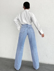 SHEIN Cottnline Plus High Waist Casual Style Light Blue Wash Regular Fit Buton Front Straight Jean Formal Club Summer - Light Wash - View 2