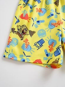 SpongeBob SquarePants | SHEIN 小男孩卡通印花短袖上衣與休閒短褲家居服套裝 - 黃色 - 查看 7
