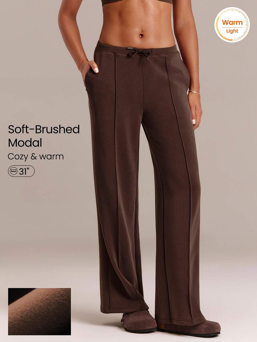 GLOWMODE Soft-Brushed Modal Find Your Glow Wide-Leg Pants With Front Seam & Adjustable Drawstring Waist Daily Casual Summer Wear - Brown - View 1
