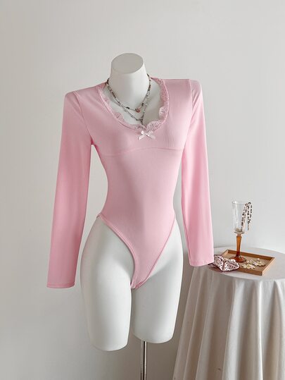Elamini Body feminino de renda com laço, manga comprida e decote em V