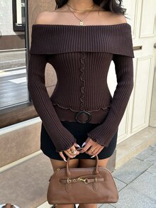 TRNVIE Sweater Rajut Lengan Panjang Musim Gugur/Musim Dingin yang Serbaguna dan Elegan, Model Bahu Terbuka dengan Hiasan Rumbai dan Pinggang Pas. - Coklat - View 5