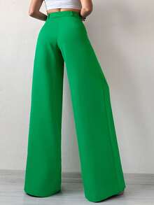 SHEIN Petite Solid Color Wide Leg Casual Long Suit Pants - Green - View 2