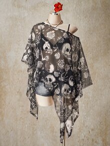 SHEIN ICON 萬聖節骷髏印花大尺碼女款網紗上衣，適合夏季 - 彩色 - 查看 7